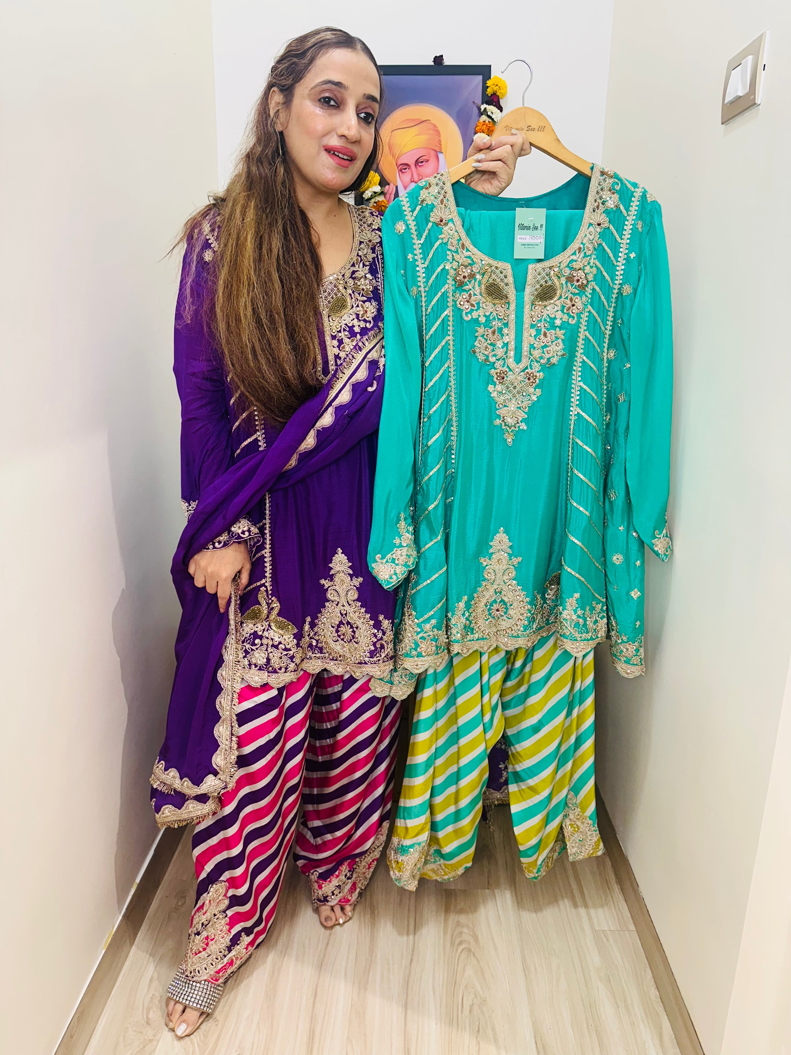 STITCHED PURE CHINON HANDWORK SUITS WITH FARSHI SALWAR.