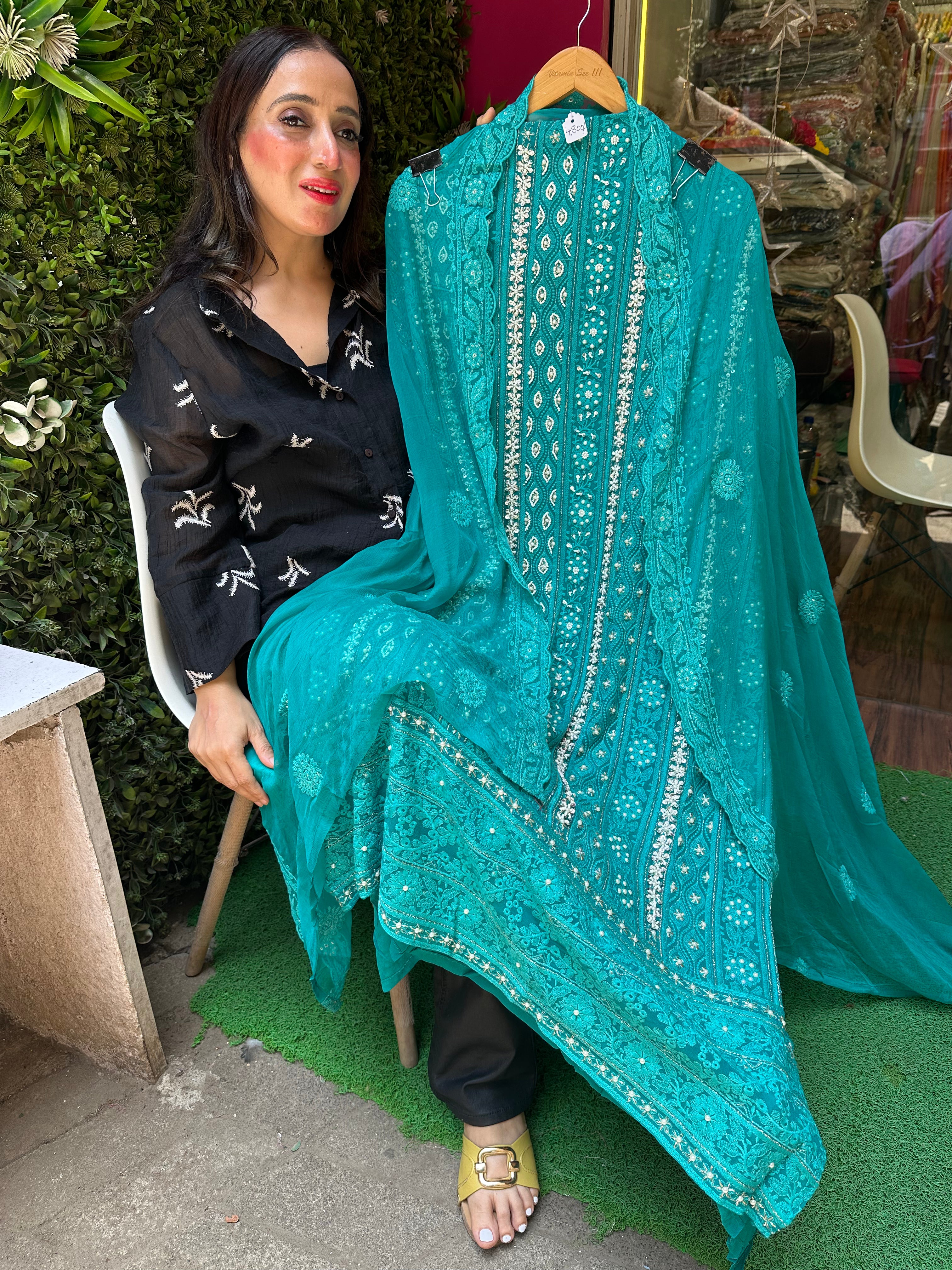 UNSTITCHED PURE GEORGETTE LUCKNOWI WORK PEARL HANDWORK SUITS.