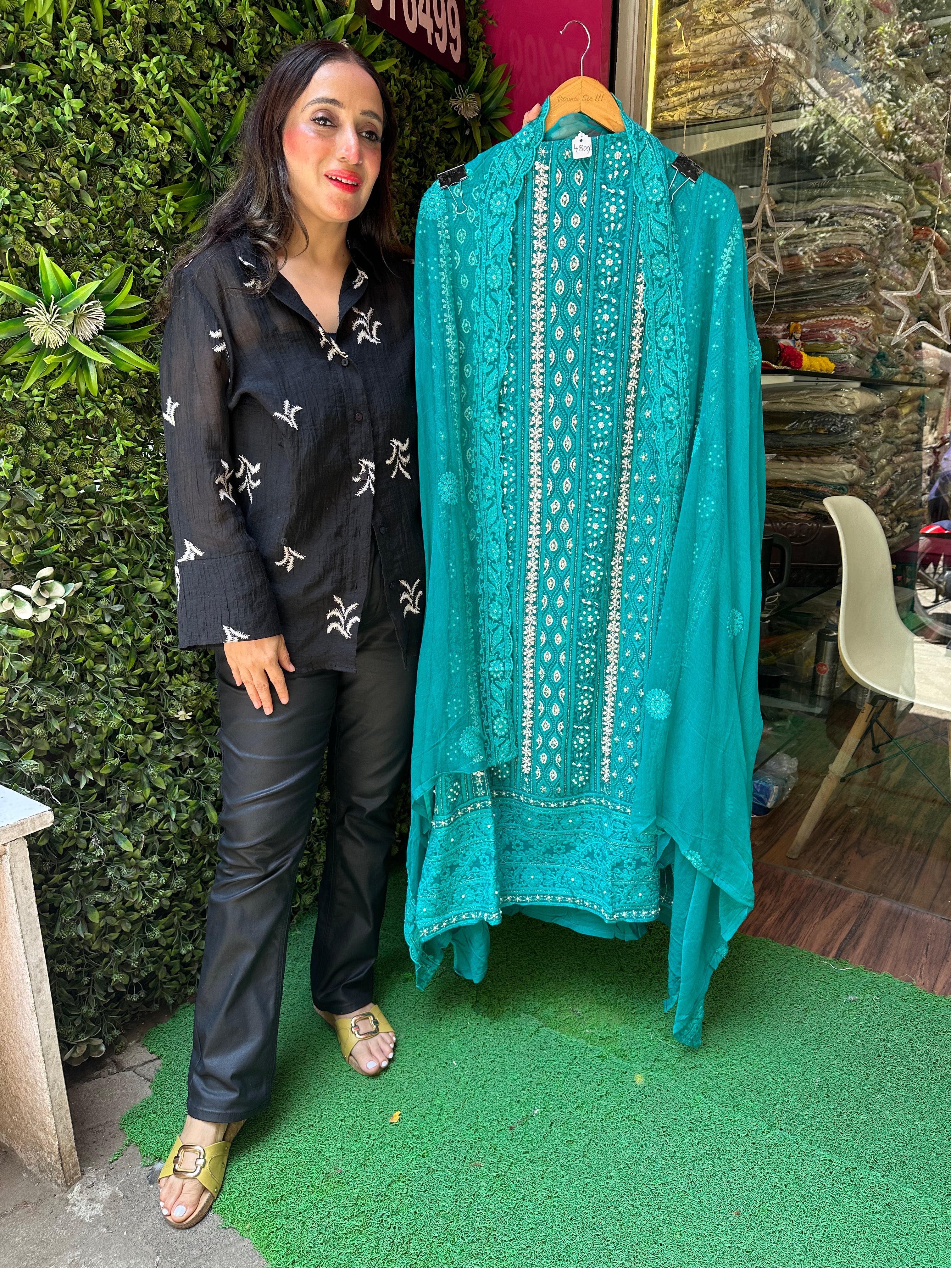 UNSTITCHED PURE GEORGETTE LUCKNOWI WORK PEARL HANDWORK SUITS.