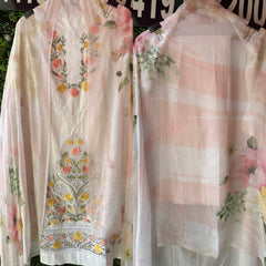 UNSTITCHED PURE MULMUL COTTON SCHIFFLI WORK SUITS.